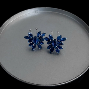 Detail of blue crystal butterfly earrings on a silver plate with sharp gemstone texture