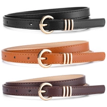 Three slim leather belts in black, brown and dark brown with golden C-shape buckles