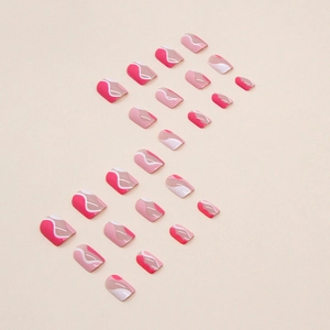 Short pink and white wavy almond press-on nails with irregular swirl art patterns
