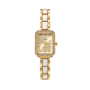 Elegant gold and white ceramic rectangular quartz watch for women with crystal bezel