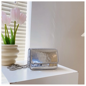 Detail of silver crocodile pattern mini square bag with elegant metal chain strap
