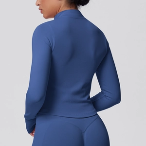 Detailed back view of navy blue seamless high-elastic yoga jacket and leggings