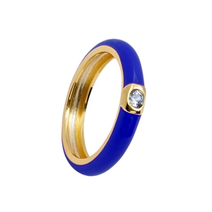 Detail of royal blue enamel gold-plated ring featuring a sparkling zircon stone setting