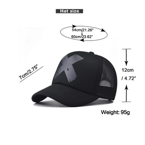 Detailed size guide for black trucker hat with X print showing crown height and brim length
