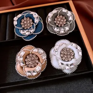 French style fabric camellia brooch with rhinestones in four elegant colors