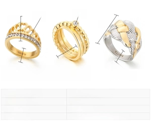 Detailed view of three gold vintage stainless steel rings with rhinestone accents