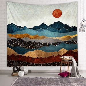 Artistic mushroom mountain tapestry with abstract sun design for modern home wall decor