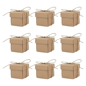 Square brown kraft paper gift boxes with natural jute twine bows in a 9-grid layout display