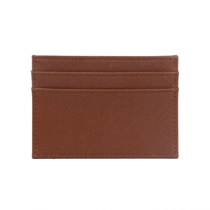 Detail view of brown Saffiano PU leather card holder with three slots and neat stitching