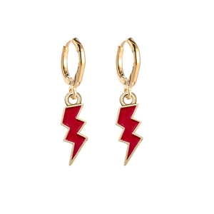 Minimalist gold hoop earrings with vibrant red lightning bolt charms for women