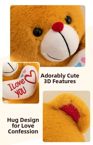 Detail of plush teddy bear with embroidered I Love You heart pillow and soft orange fur