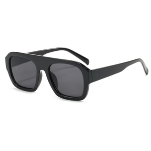 Oversized retro square sunglasses with thick black frame and dark grey lenses for women
