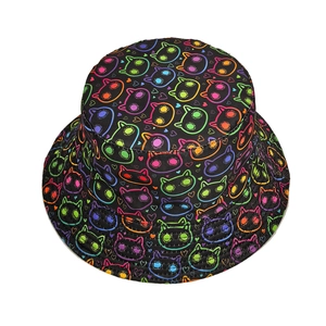 Stylish black bucket hat with vibrant neon cat pattern and heart prints for sun protection
