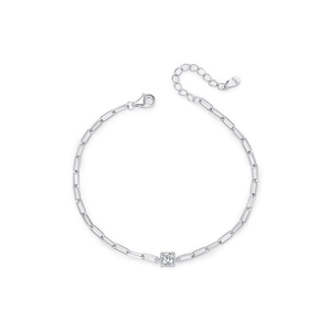 S925 sterling silver paperclip chain bracelet with a square moissanite stone on white background
