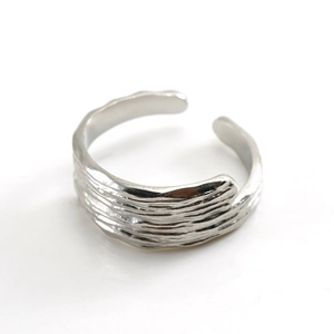 Polished silver stainless steel open ring with textured water ripple surface design