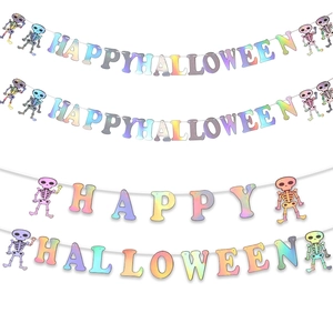 Iridescent Happy Halloween banner with colorful holographic skeleton skull party decorations