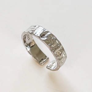 925 Sterling Silver Ring Adjustable Open Hammered Texture Irregular Lava Surface Minimalist Style For Women