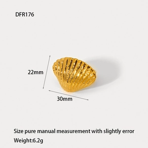 Detail view of 18K gold plated stainless steel shell ring showing 22mm by 30mm dimensions