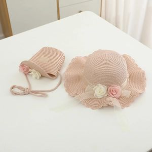 Pink girls straw hat and bag set with lace flowers and wavy brim for summer sun protection