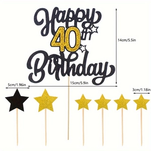 Glitter Happy 40th Birthday cake topper set with gold and black stars on white background