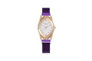 Detail of elegant gold rhombus watch with purple mesh strap and rhinestone bezel inlay