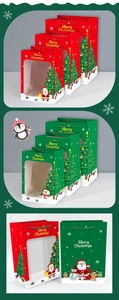 Drei Größen roter und grüner Weihnachtsgeschenktüten aus Papier mit Fenster und Griffen