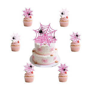 Detailed pink spider web Happy Birthday cake toppers and matching cupcake inserts