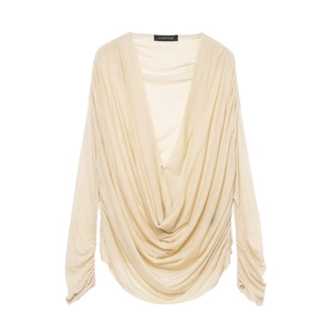Women Long Sleeve V-Neck T-Shirt Ruched Slim Fit Draped Neckline Casual Polyester Top