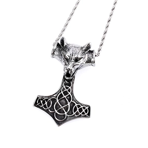Collier avec pendentif marteau Mjölnir tête de loup en acier inoxydable style hip hop vintage