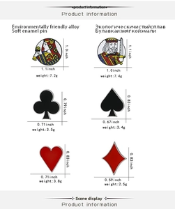 Detailed size and weight chart for poker card enamel pins featuring King and Queen motifs
