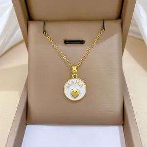 MAMA Heart Pendant Necklace Titanium Steel Chain Copper Enamel Rhinestone Elegant Clavicle Chain Jewelry Gift