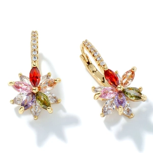 Colorful marquise-cut zircon lotus flower earrings in a gold-plated setting