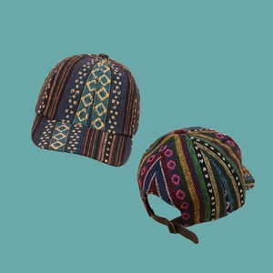 Ethnic bohemian style woven baseball cap with colorful patterns and leather back strap