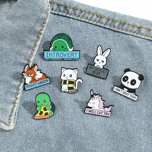 Cute Cartoon Animal Alloy Enamel Brooch Humorous Quote Lapel Pin For Backpack Clothes Panda Fox Rabbit Turtle Cat Badge