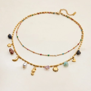 Bohemian layered stainless steel necklace with seahorse charm and natural crushed stones