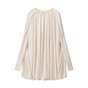 Elegant Long Sleeve Pleated Mini Dress Round Neck Loose Cloak Style Plisse Solid Color Casual For Women