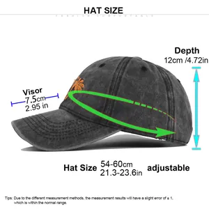 Detailed size specifications for coconut tree embroidered baseball cap showing 54-60cm circumference