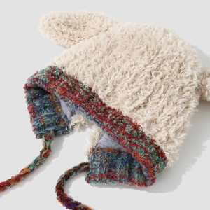 Gorro de peluche para niños con orejas de conejo, trenzas coloridas y pelo sintético suave