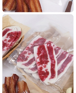Detailed macro view of realistic artificial beef slices with marble texture and vacuum pack