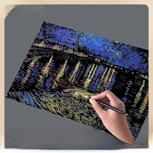 DIY art scratch paper set featuring Van Gogh Starry Night Over the Rhone with stylus tool