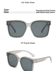 Front and side views of transparent gray polarized driving sunglasses with gray lenses