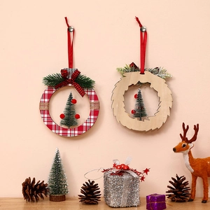 Christmas cedar tree round ornaments with red plaid and wood wreath for holiday home decor