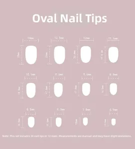 Size chart for oval press-on nails detailing 12 sizes with precise width and length metrics