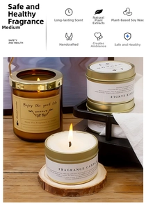 Detailed view of handmade soy wax fragrance candles in amber glass and white tin cans