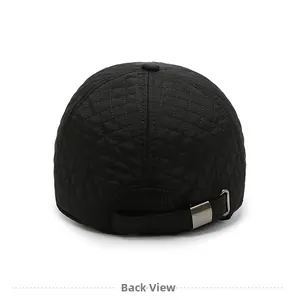 Detailed back view of men's black quilted baseball cap with metal adjustable buckle