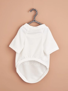 Detail of white mesh pet T-shirt with lipstick print on breathable cooling fabric