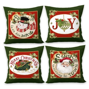 Set of four Christmas pillow covers with Santa, Snowman and Joy print on faux linen fabric