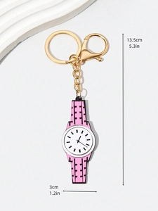Pink watch shaped acrylic keychain with detailed dimensions 13.5cm length and golden ring