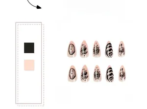 Detailed view of hand-painted press-on nails with black wave patterns and eye designs
