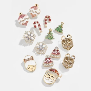 Christmas Stud Earrings For Women Rhinestone Enamel Alloy Jewelry With Silver Earring Post Santa Claus Reindeer Snowflake
